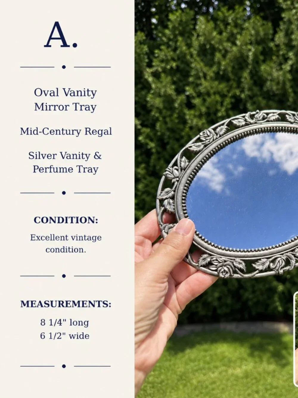 Vintage Oval Silver Vanity Tray | Mid-Century Rose Border Mirror Tray